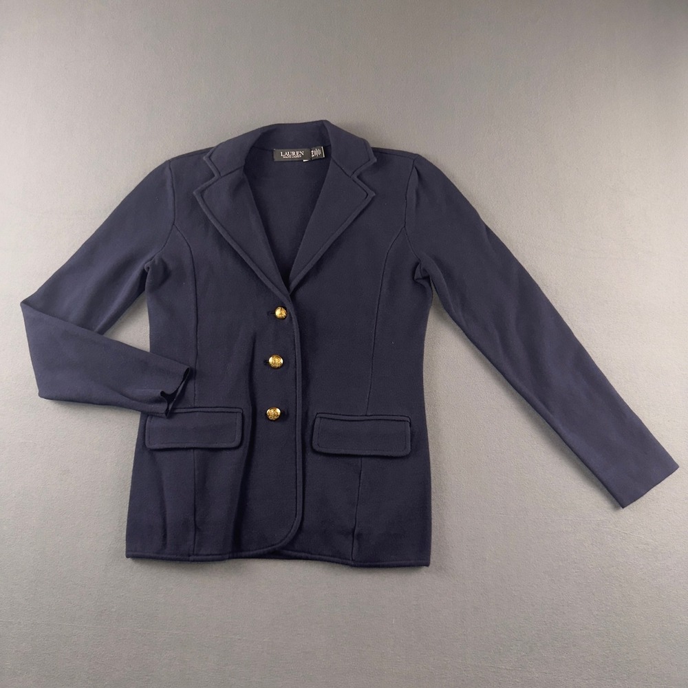Lauren Ralph Lauren Navy Blue Knit Blazer Gold Crest Button Jacket Small Petite